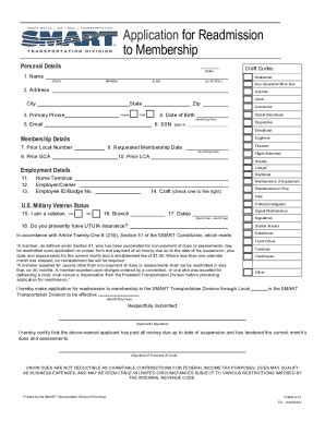 Fillable Online Application For Readmission To Membership Smart Union