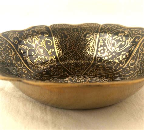 Vintage Brass Black Enamel Bowl Etched Ornate Decorative Dish Floral Ebay Enamel Bowl