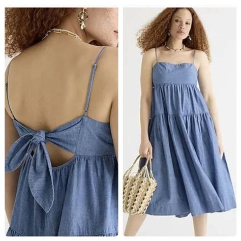 J Crew Dresses J Crew Chambray Blue 0 Cotton Tiered Tieback Midi Summer Dress Womens Sz 12