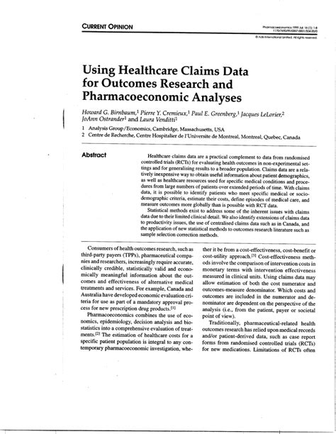 PDF Using Healthcare Claims Data For Outcomes Research And