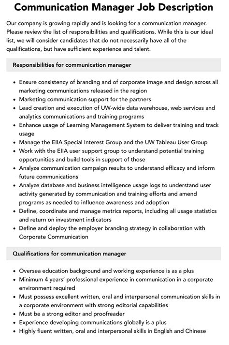 Communication Manager Job Description Velvet Jobs