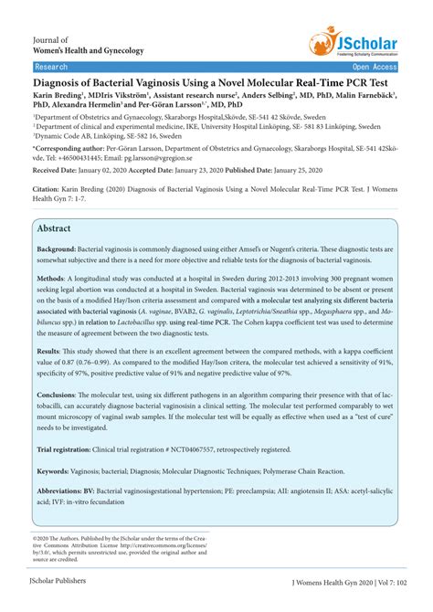 Pdf Diagnosis Of Bacterial Vaginosis Using A Novel Molecular Real Time Pcr Test