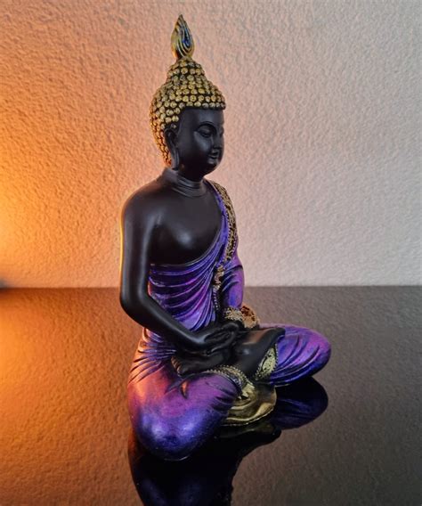 Zittende Thais Boeddha Beeld Dhyana Mudra Paars Zwart Cm