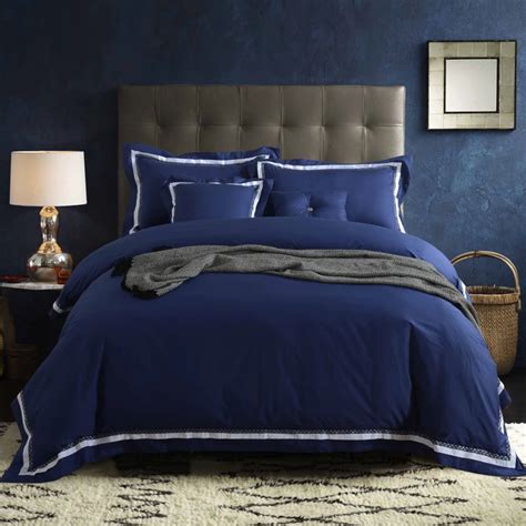 4PCS Classical Blue satin bedding set 100% Cotton queen king size duvet ...