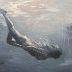 Original Oil Painting Nude Girl Swim In The Emerald Ocean With Daisies