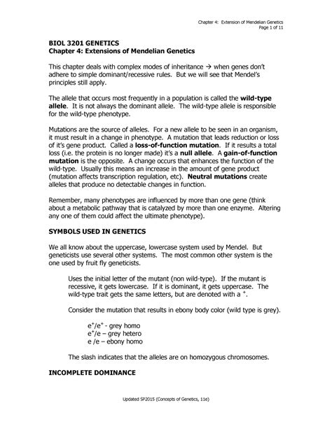 BIOL 3201 Chapter 4 Extensions Of Mendelian Genetics Page 1 Of 11