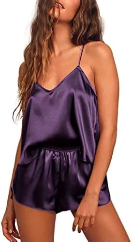 Ekouaer Satin Pajamas Women Shorts Set Sleeveless Silk V Neck Pjs Sexy