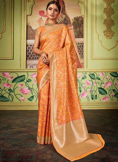 Buy Orange Benarasi Art Silk Saree Jacquard Benarasi Sari Online