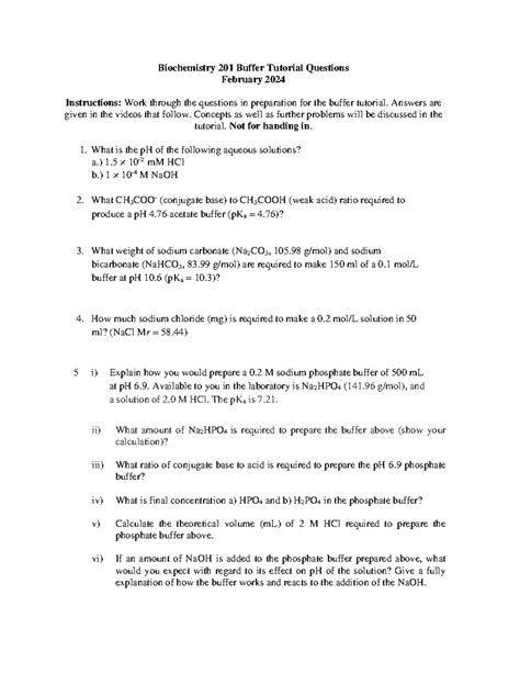 Biochemistry Buffer Tutorial Questions Prep For Tut Biochemistry