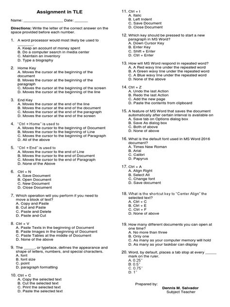 Assignment In Tle Directions Write The Letter Of The Correct Answer