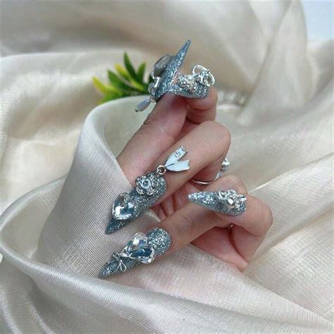 10pcs Handmade Shiny Silver Artificial Nail Set 3d Rhinestone Fully