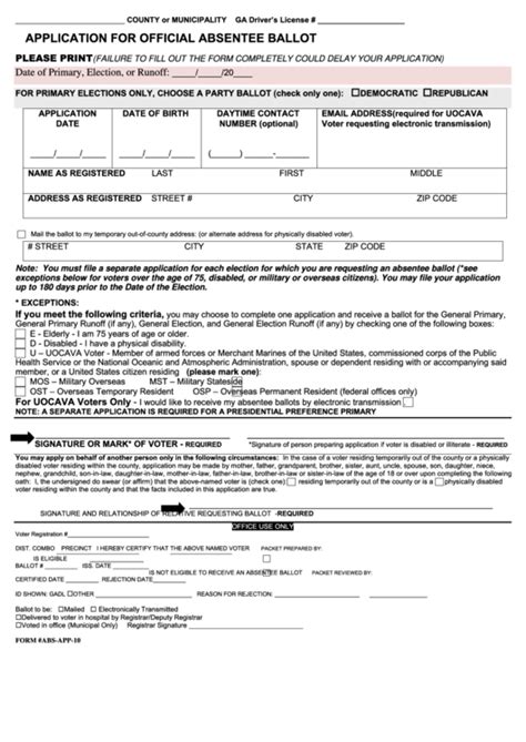 Fillable Form Abs App 10 Application For Official Absentee Ballot