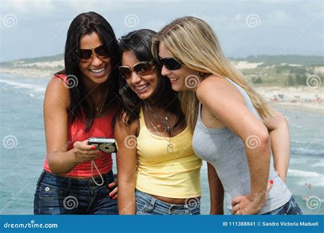 Three Beautiful Women Taking Selfie On The Beach Stock Image Image Of