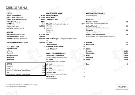 Menu at SOUL BREW cafe, Newtown