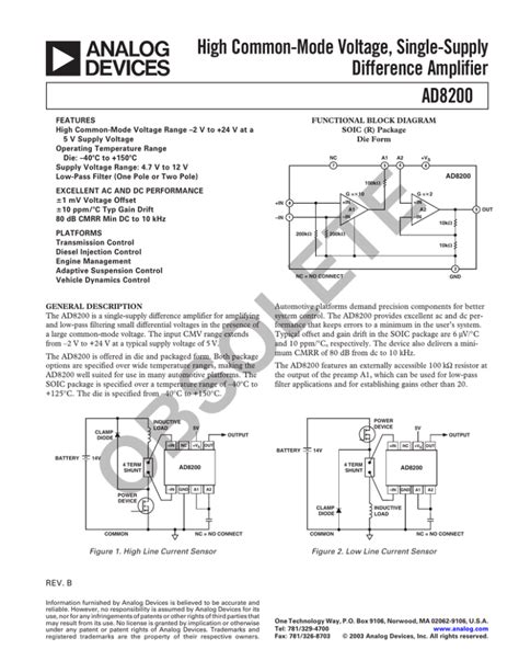 High Common Mode Voltage Single Supply Difference Amplifier AD8200