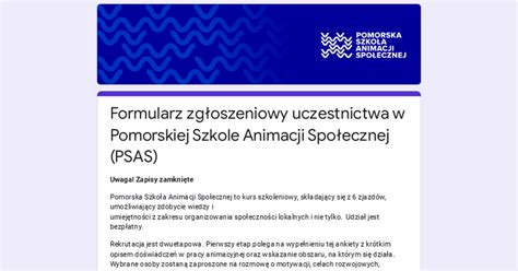 Formularz zgłoszeniowy uczestnictwa w Pomorskiej Szkole Animacji