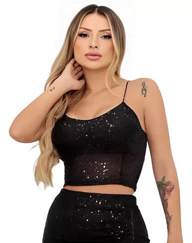 Cropped Top Blusinha Feminina Alcinha Bojo Paete Parcelamento Sem Juros