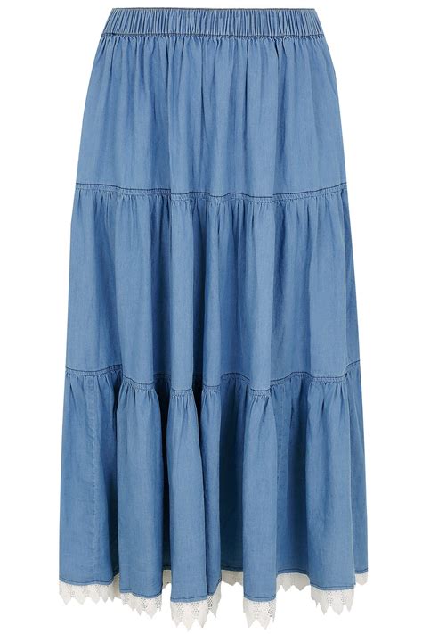 Denim Blue Tiered Maxi Skirt With Lace Trim Hem Plus Size 16 To 36