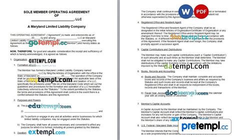 Maryland Single Member Llc Operating Agreement Word Example Pretempl