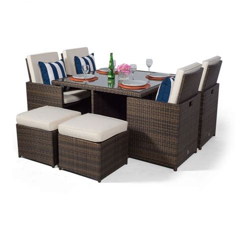 Giardino Rattan 4 Seater Cube Dining Table And Chairs Set With 4 Stools