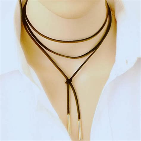 Elegant Fashion Women Long Black Leather Rope Gold Tube False Choker Collar Necklace 150cm Women