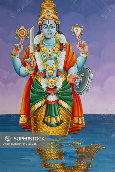 Painting Of Hindu Deities Lord Vishnu In Matsya Avatar The Fish