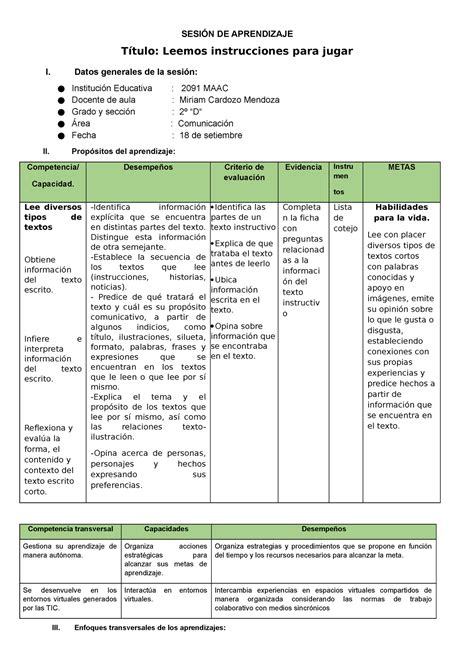 Ses Comunicaci N Leemos Instrucciones Sesi N De Aprendizaje T Tulo