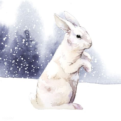 Wild White Rabbit In A Winter Wonderland Painted By Watercolor Vector