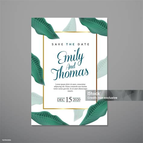 Wedding Invitation Card Template With Leaf Floral Background Stock