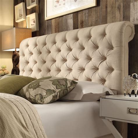 Knightsbridge Beige Linen Rolled Top Tufted Chesterfield Headboard By