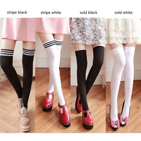 New Velvet Nylon Women Over Knee Stockings Solid Stripes Black White ...