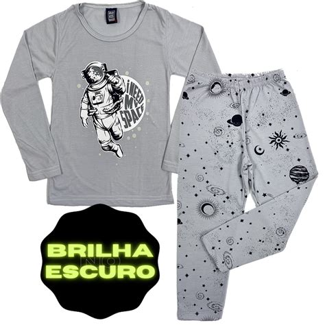 Pijama Brilha No Escuro Conjunto Manga Longa Masculino Infantil Roupas