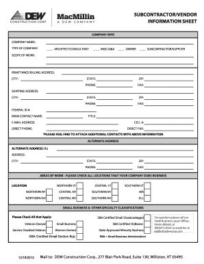 Fillable Online Subcontractorvendor Information Sheet Fax Email Print