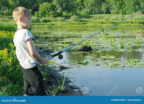 Pesca Nova Do Menino Na Costa Do Rio Foto De Stock Imagem De Travar