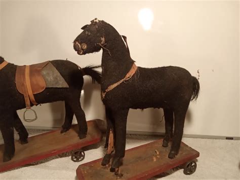 Antique Wooden Pull Toy Horses On Platform With Wheels Ebay