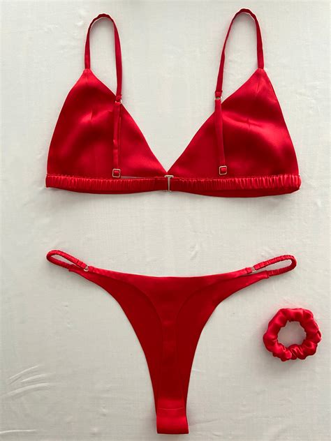 Red Silk Lingerie Set 100 Silk Bralette And Thong Silk Satin Etsy