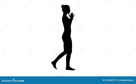 Silhouette Young Woman Practicing Breathing Exercise And Walking Stock