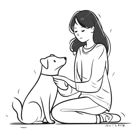 Premium Vector Girl Playing With Her Dog Sketch For Your Design