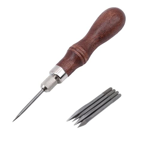 4 In 1 Sewing Awl Needles DIY Wood Handle Leather Stitching Awl Sewing ...