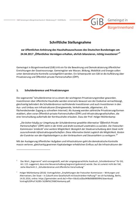 Schriftliche Stellungnahme zur öffentlichen Anhörung des