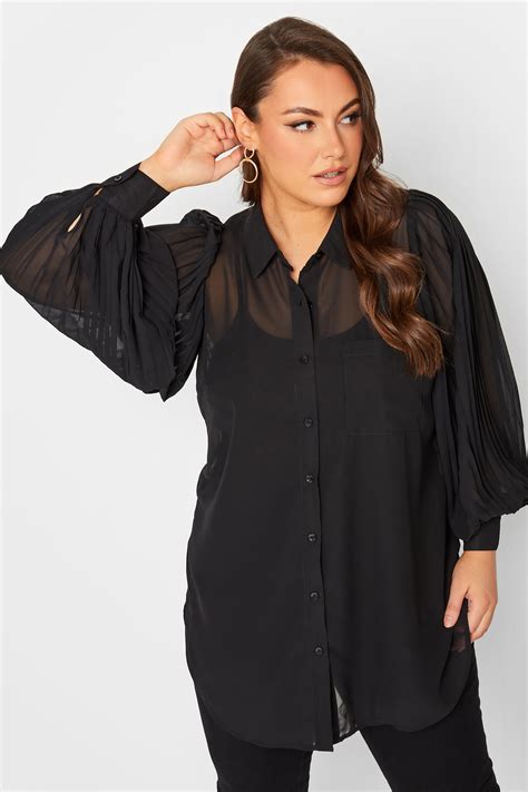 Plus Size Yours London Black Pleat Sleeve Mesh Shirt Yours Clothing