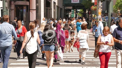 Large Group Of People Crossing Crowded City Street New York Scenery