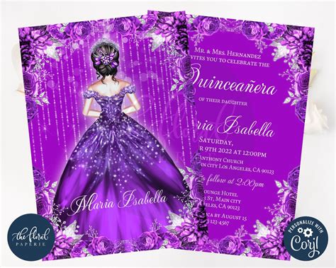 Purple Quinceanera Invitation Template Editable 15th Birthday Etsy