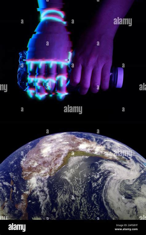 Hand Of Mand And Robot With Plastic Bottle Above The Earth Humanity