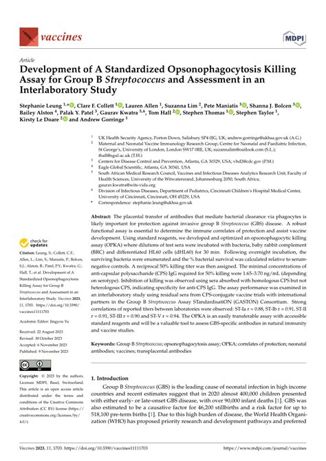 Pdf Development Of A Standardized Opsonophagocytosis Killing Assay For Group B Streptococcus