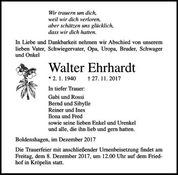 Traueranzeigen Von Walter Ehrhardt Trauer Anzeigen De