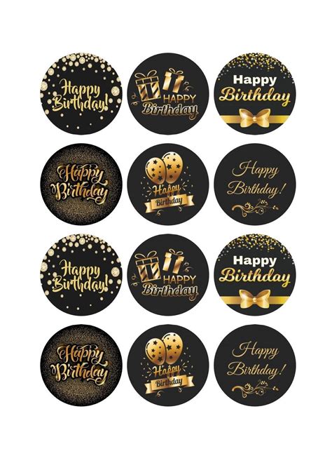 Black Gold Happy Birthday Cupcake Toppers Labels Tags Etsy