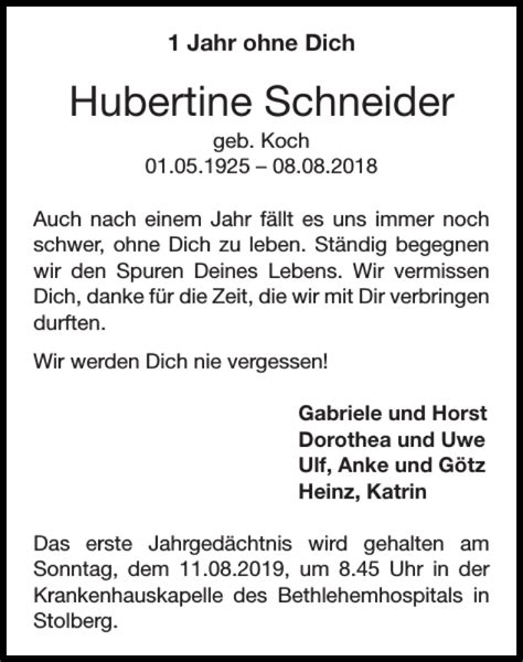 Traueranzeigen Von Hubertine Schneider Aachen Gedenkt