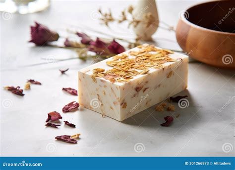 A Soap Bar Embedded With Dried Flower Petals On A Marble Countertop