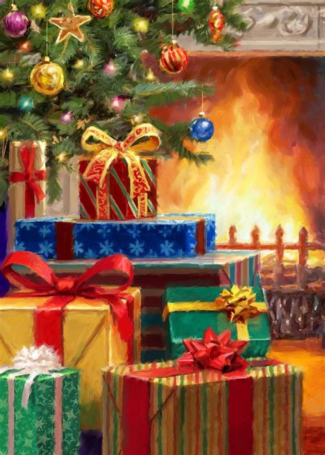 A Painting Of Presents Under A Christmas Tree